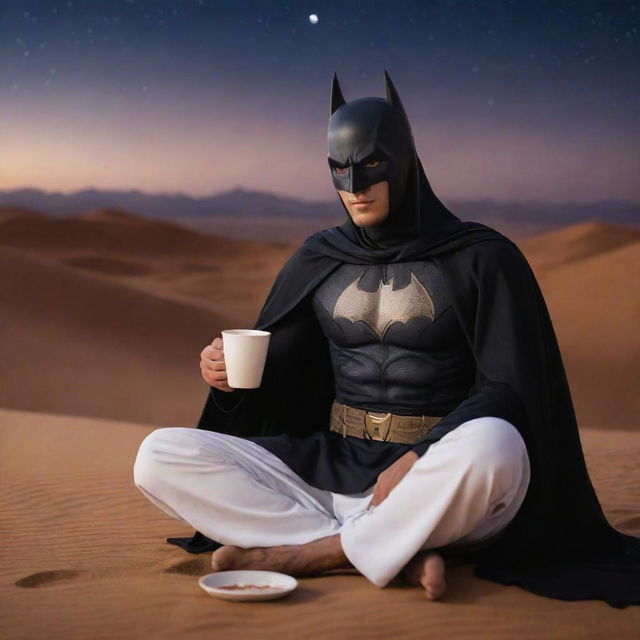 Arabian Batman with a tanned complexion, relaxing in traditional Arabian attire, casually drinking coffee under the night sky of a desert landscape.