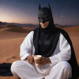 Arabian Batman with a tanned complexion, relaxing in traditional Arabian attire, casually drinking coffee under the night sky of a desert landscape.