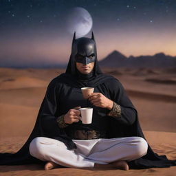 Arabian Batman with a tanned complexion, relaxing in traditional Arabian attire, casually drinking coffee under the night sky of a desert landscape.