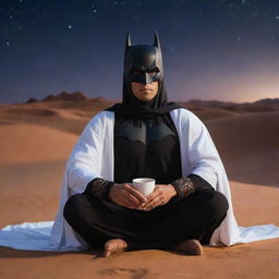 Arabian Batman with a tanned complexion, relaxing in traditional Arabian attire, casually drinking coffee under the night sky of a desert landscape.