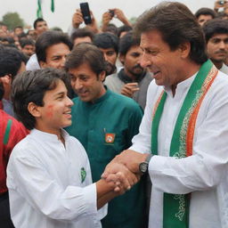 A stylish young Pakistani boy named Madii, wearing a paint coat with PTI insignia and '08' rank number, meets Imran Khan amidst an enthusiastic PTI rally. They are seen shaking hands in a warm, supportive atmosphere.