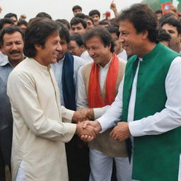 A stylish young Pakistani boy named Madii, wearing a paint coat with PTI insignia and '08' rank number, meets Imran Khan amidst an enthusiastic PTI rally. They are seen shaking hands in a warm, supportive atmosphere.