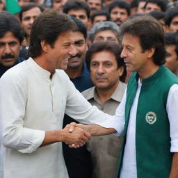 A stylish young Pakistani boy named Madii, wearing a paint coat with PTI insignia and '08' rank number, meets Imran Khan amidst an enthusiastic PTI rally. They are seen shaking hands in a warm, supportive atmosphere.