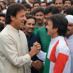 A stylish young Pakistani boy named Madii, wearing a paint coat with PTI insignia and '08' rank number, meets Imran Khan amidst an enthusiastic PTI rally. They are seen shaking hands in a warm, supportive atmosphere.