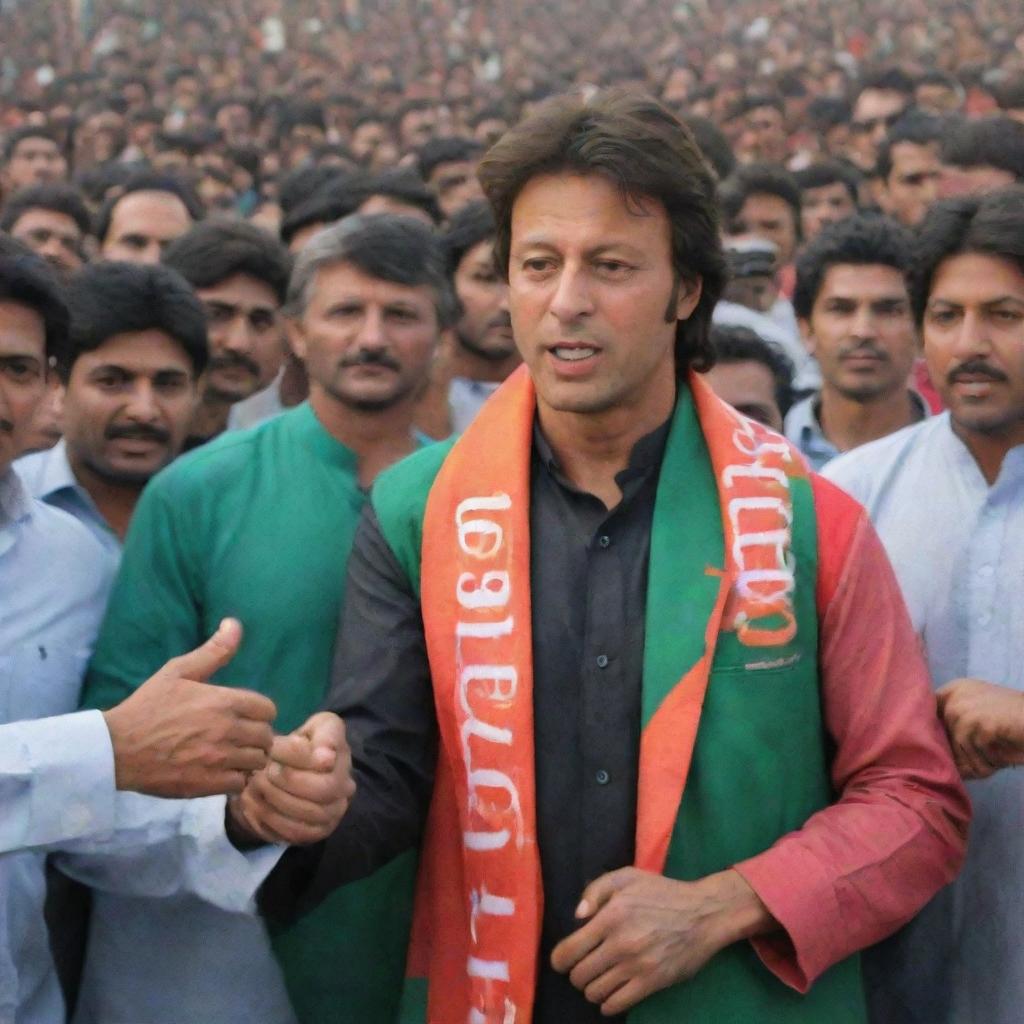 Handsome Pakistani boy named Madii, wearing a PTI paint coat with '08' on it, standing in front of a PTI crowd, shaking hands with Imran Khan.