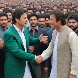 Handsome Pakistani boy named Madii, wearing a PTI paint coat with '08' on it, standing in front of a PTI crowd, shaking hands with Imran Khan.