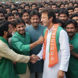 Handsome Pakistani boy named Madii, wearing a PTI paint coat with '08' on it, standing in front of a PTI crowd, shaking hands with Imran Khan.