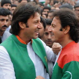 Handsome Pakistani boy named Madii, wearing a PTI paint coat with '08' on it, standing in front of a PTI crowd, shaking hands with Imran Khan.