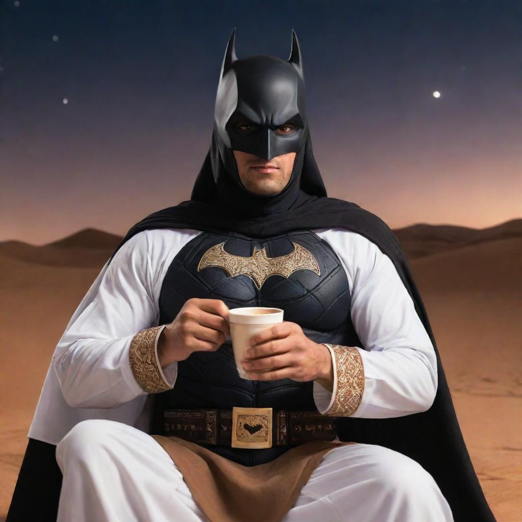 Arabian Batman sitting in a cool pose, sporting a tanned complexion and a falcon as his logo, dressed in traditional Arabian attire while enjoying coffee under the desert night sky.