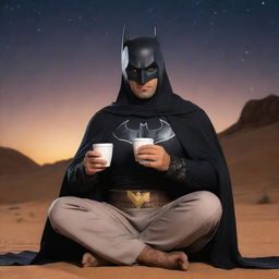 Arabian Batman sitting in a cool pose, sporting a tanned complexion and a falcon as his logo, dressed in traditional Arabian attire while enjoying coffee under the desert night sky.