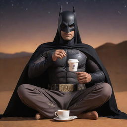 Arabian Batman sitting in a cool pose, sporting a tanned complexion and a falcon as his logo, dressed in traditional Arabian attire while enjoying coffee under the desert night sky.