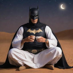 Arabian Batman sitting in a cool pose, sporting a tanned complexion and a falcon as his logo, dressed in traditional Arabian attire while enjoying coffee under the desert night sky.