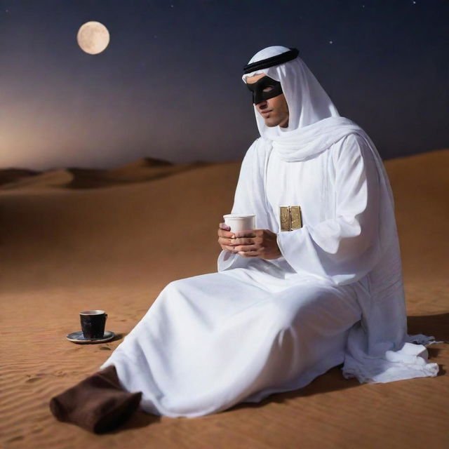 Arabian Batman lounging in traditional Arabian clothing, consisting of a fluid, white thawb and a shemagh, casually sipping coffee whilst gazing at the serene desert night.