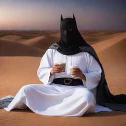 Arabian Batman lounging in traditional Arabian clothing, consisting of a fluid, white thawb and a shemagh, casually sipping coffee whilst gazing at the serene desert night.