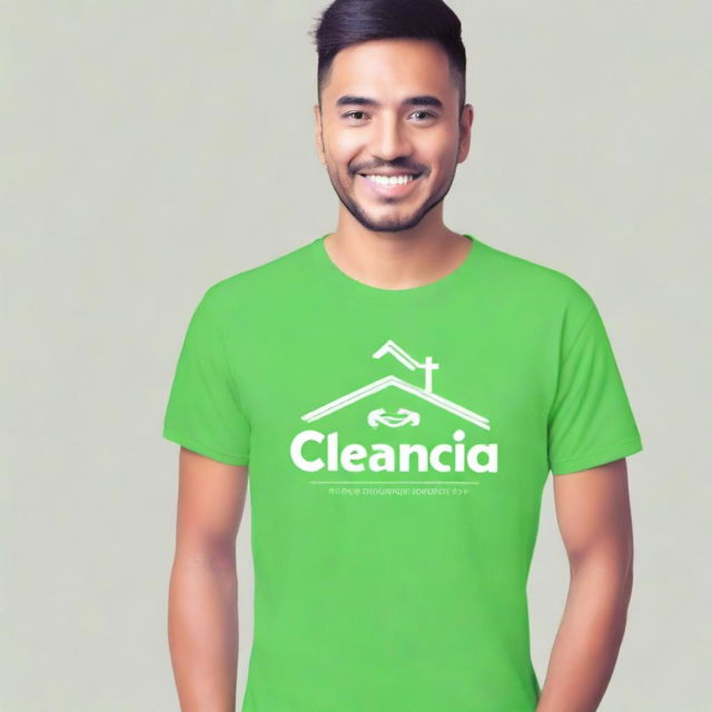 A digital art image, highest quality, showcasing a light green t-shirt design for a cleaning services business