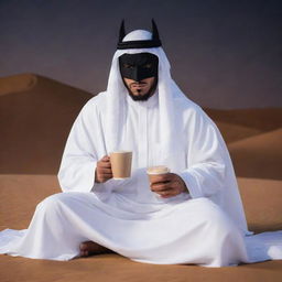 Arabian Batman lounging in traditional Arabian clothing, consisting of a fluid, white thawb and a shemagh, casually sipping coffee whilst gazing at the serene desert night.