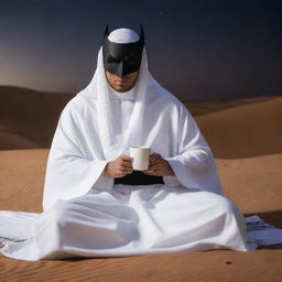 Arabian Batman lounging in traditional Arabian clothing, consisting of a fluid, white thawb and a shemagh, casually sipping coffee whilst gazing at the serene desert night.