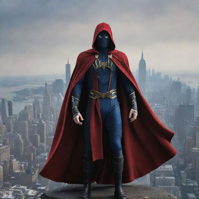 Spiderman in dramatic cloak, imbued with Doctor Strange's mystical artifacts, posing menacingly, radiating dark mystical powers, against a backdrop of a twisted New York City skyline.