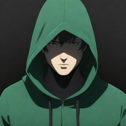 Anime style male character wearing a green hood with face shrouded in shadow, obscuring his features.