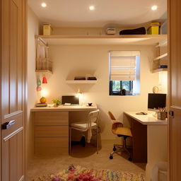 Cozy 10x14 feet bedroom, twin bed, study area with computer table, clothing cupboard, tasteful decorations, warm lighting, inviting atmosphere