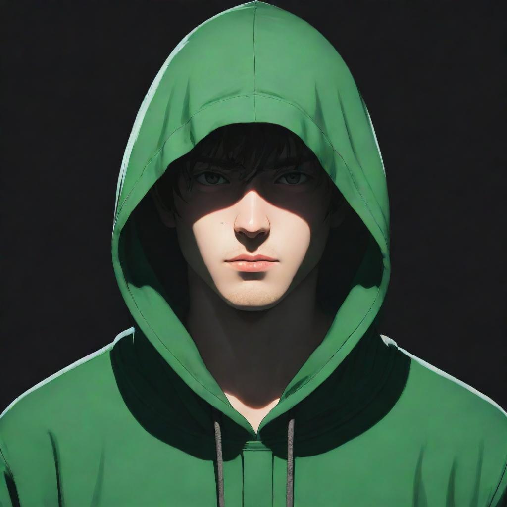 Anime style male character wearing a green hood with face shrouded in shadow, obscuring his features.