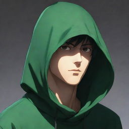 Anime style male character wearing a green hood with face shrouded in shadow, obscuring his features.