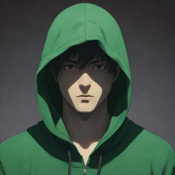 Anime style male character wearing a green hood with face shrouded in shadow, obscuring his features.