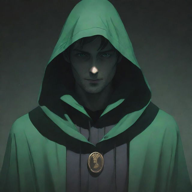 Anime style male character cloaked in a magician's green hood, his face hidden in eerie shadow.