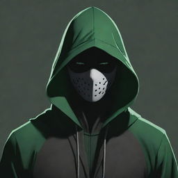 Anime style male character, masked in the shadow of a green hood reminiscent of a magician or assassin's garment.