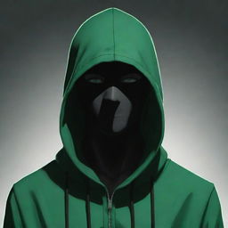 Anime style male character, masked in the shadow of a green hood reminiscent of a magician or assassin's garment.