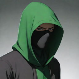 Anime style male character, masked in the shadow of a green hood reminiscent of a magician or assassin's garment.