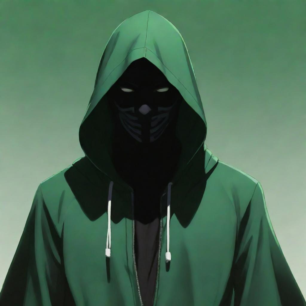 Anime style male character, masked in the shadow of a green hood reminiscent of a magician or assassin's garment.