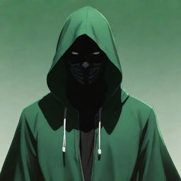 Anime style male character, masked in the shadow of a green hood reminiscent of a magician or assassin's garment.