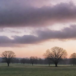 A dreamy landscape bathed in the soft glow of twilight, with ethereal clouds drifting by and silhouettes of distant trees