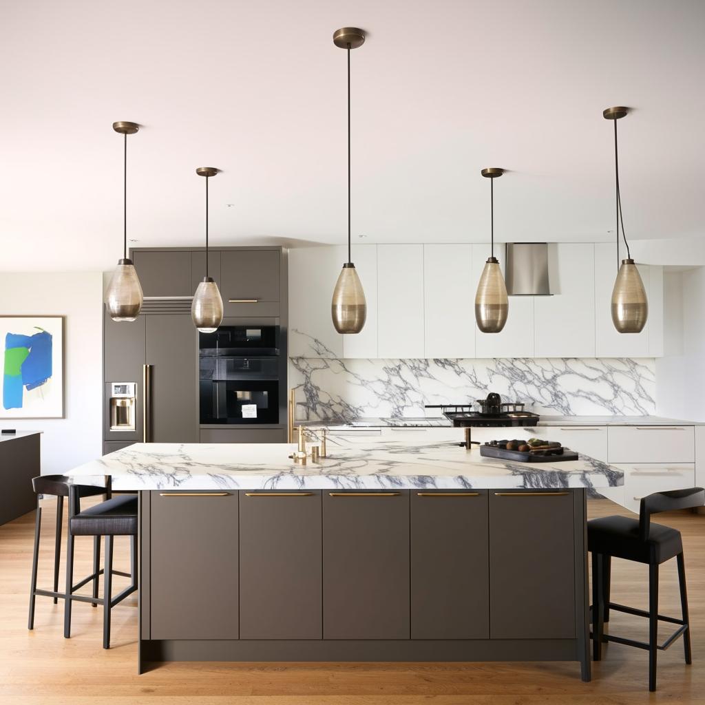 Modern kitchen interior design with island and pendant lights, minimalist style, high-end appliances, hardwood floors, white marble countertops.