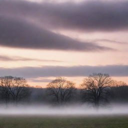 A dreamy landscape bathed in the soft glow of twilight, with ethereal clouds drifting by and silhouettes of distant trees