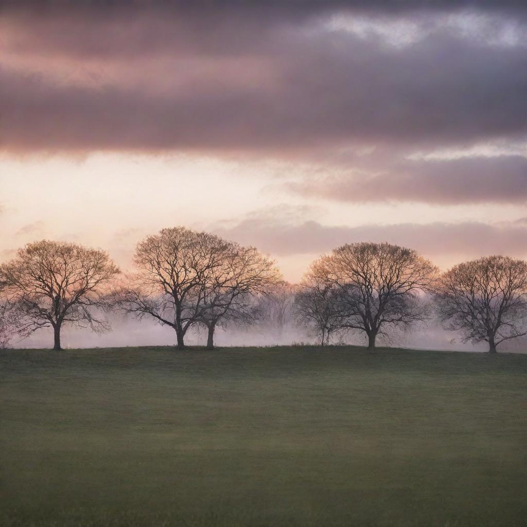 A dreamy landscape bathed in the soft glow of twilight, with ethereal clouds drifting by and silhouettes of distant trees