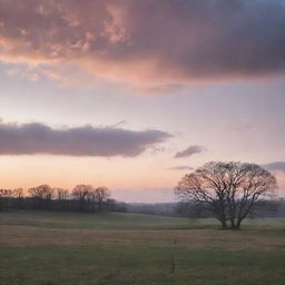 A dreamy landscape bathed in the soft glow of twilight, with ethereal clouds drifting by and silhouettes of distant trees