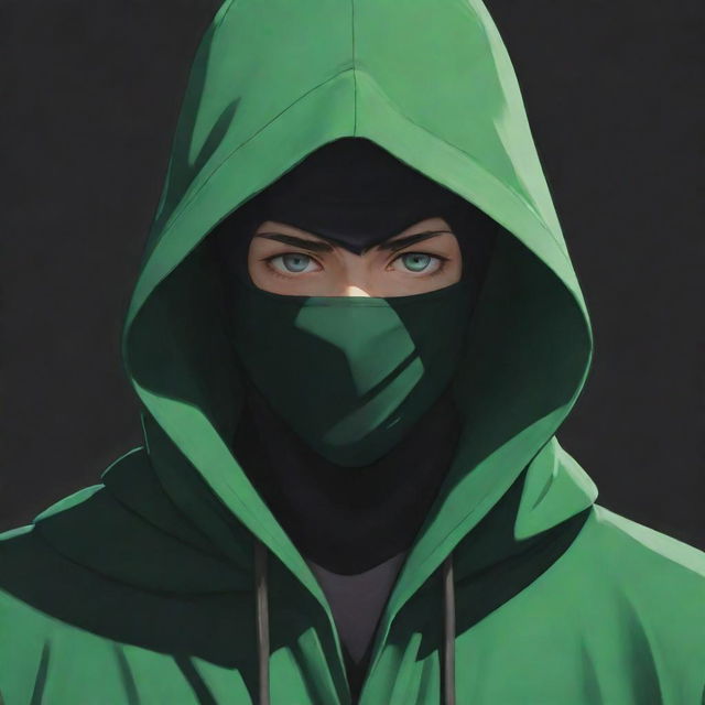 Anime style male character wearing a green magician's hood and a ninja mask, his face obscured by a deep shadow.