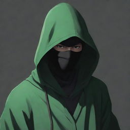 Anime style male character wearing a green magician's hood and a ninja mask, his face obscured by a deep shadow.