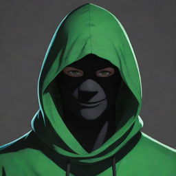 Anime style male character wearing a green magician's hood and a ninja mask, his face obscured by a deep shadow.