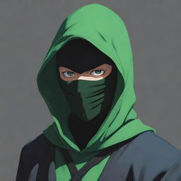 Anime style male character wearing a green magician's hood and a ninja mask, his face obscured by a deep shadow.