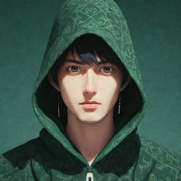 Anime style male character, face indistinguishable under the shadow of a patterned green magician's hood.