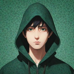 Anime style male character, face indistinguishable under the shadow of a patterned green magician's hood.