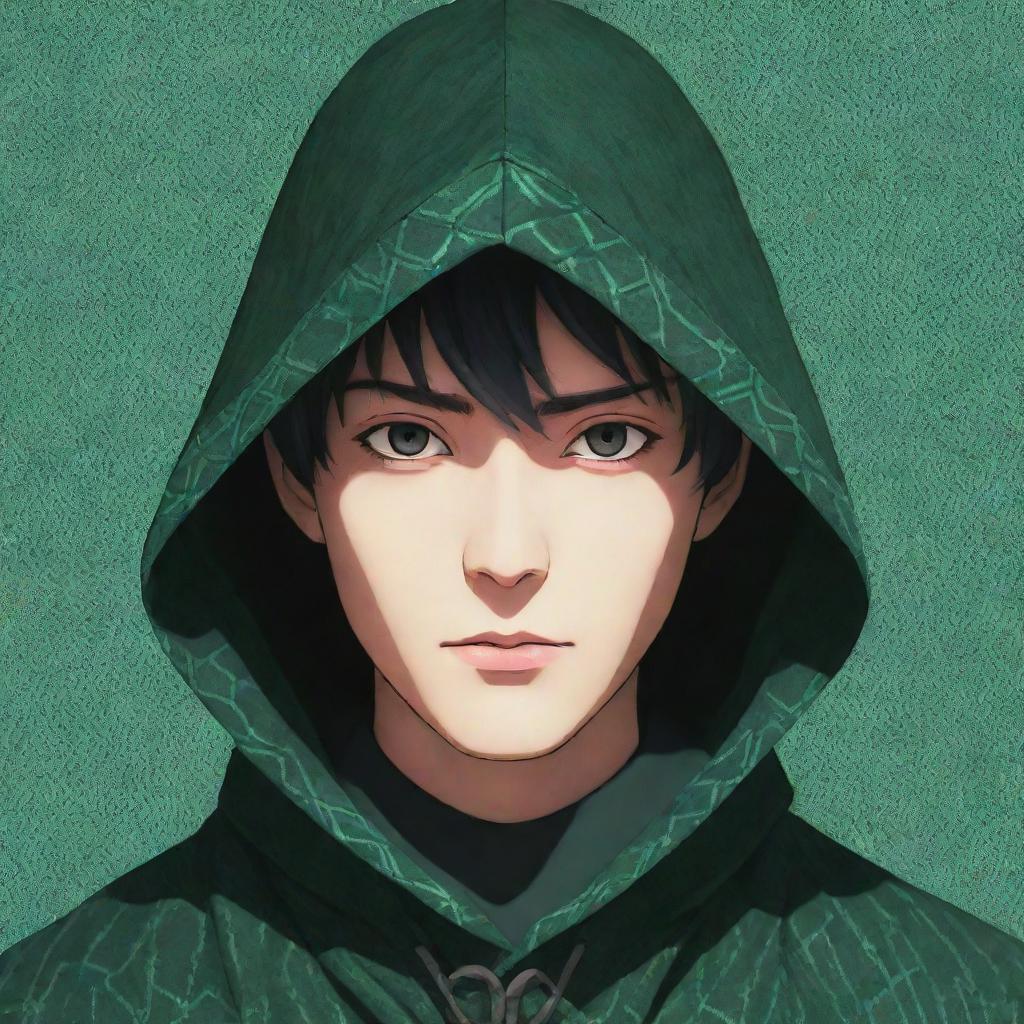 Anime style male character, face indistinguishable under the shadow of a patterned green magician's hood.