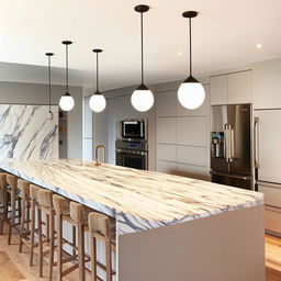 Modern kitchen interior design with island and pendant lights, minimalist style, high-end appliances, hardwood floors, white marble countertops.