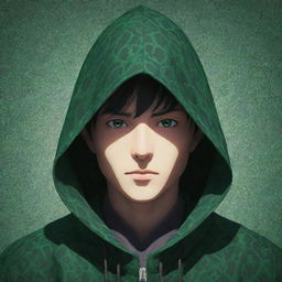 Anime style male character, face indistinguishable under the shadow of a patterned green magician's hood.