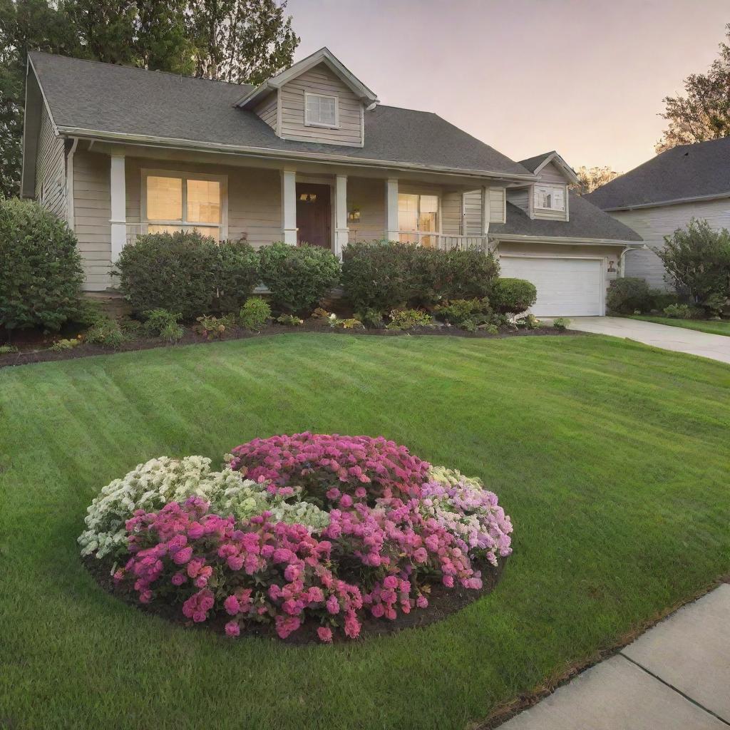 Front view of a suburban house at sunset with green lawn and blooming flowers