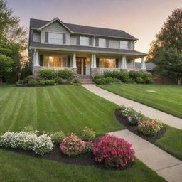 Front view of a suburban house at sunset with green lawn and blooming flowers