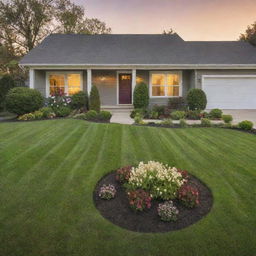 Front view of a suburban house at sunset with green lawn and blooming flowers